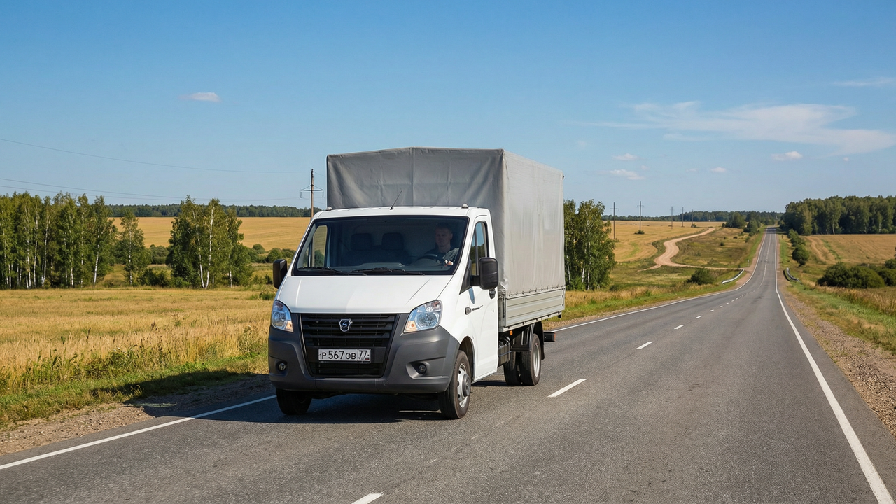 Газель с тентом на трассе в России